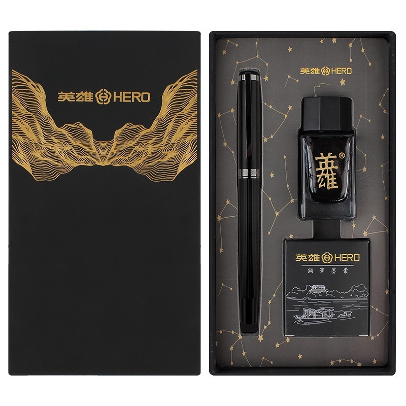 英雄（HERO）钢笔6192 黑砂 男女商务个性办公签字笔钢笔礼盒墨水套装