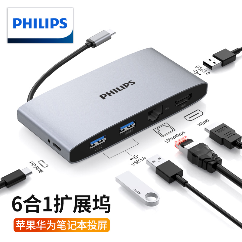 飞利浦 USB-C转HDMI千兆网线口拓展坞3.0分线器