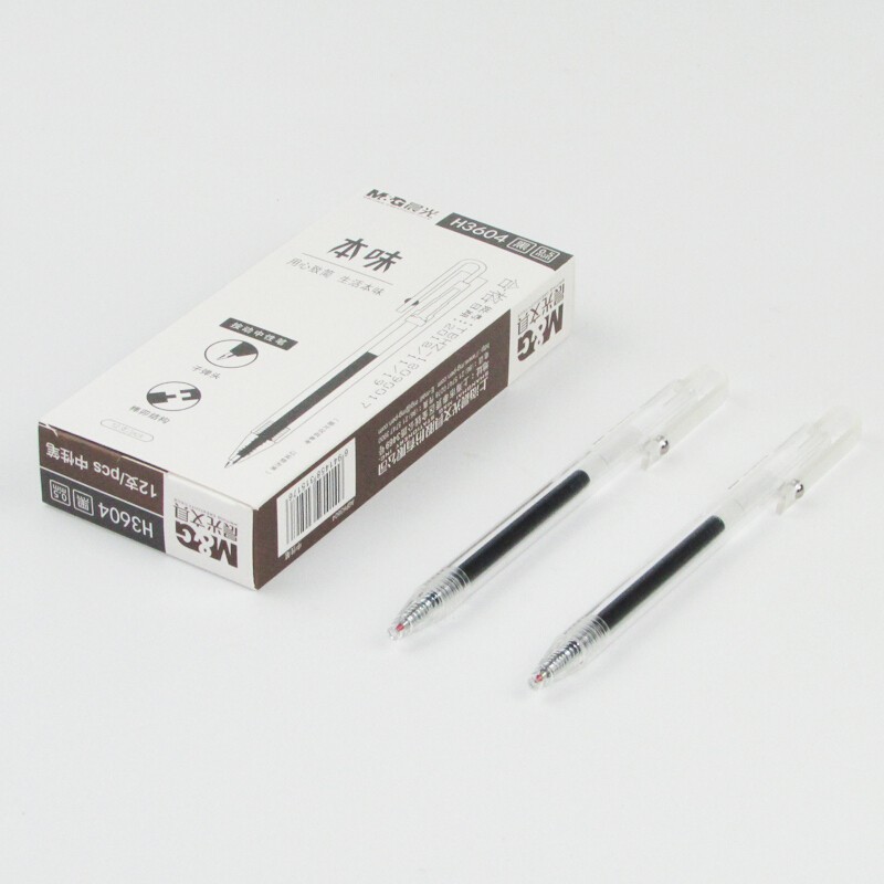 晨光（M&G）本味系列签字笔中性笔水性笔 透明笔杆学生水笔 黑色 AGPH3604 子弹头按动款 0.5mm 12支装