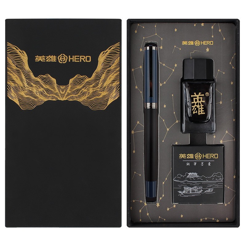 英雄（HERO）钢笔6192 深蓝 男女商务个性办公签字笔钢笔礼盒墨水套装