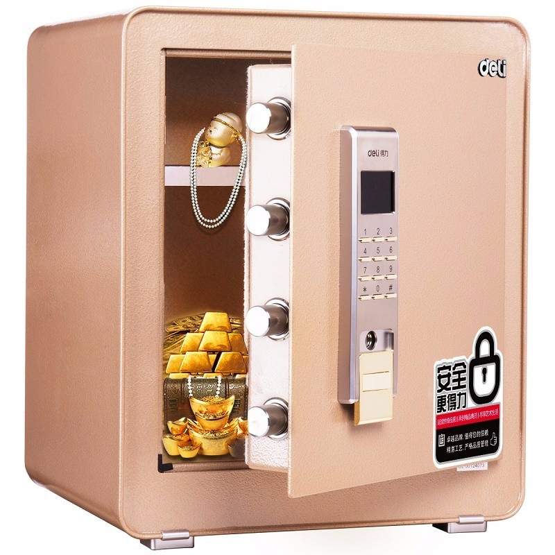 得力4083电子密码保管箱H460(金色)(台) 单台装 钥匙加密码双保障