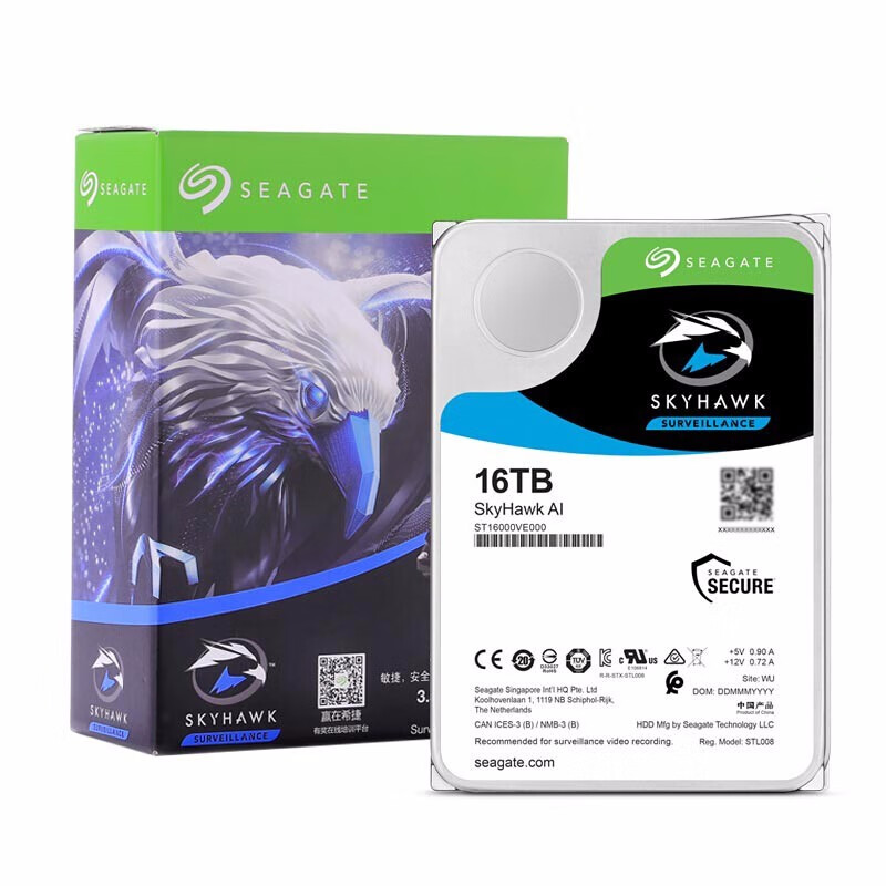 希捷(Seagate)监控硬盘16TB 256MB 7200转 SATA 垂直 机械 PMR CMR 希捷酷鹰AI ST16000VE000（一年包换）