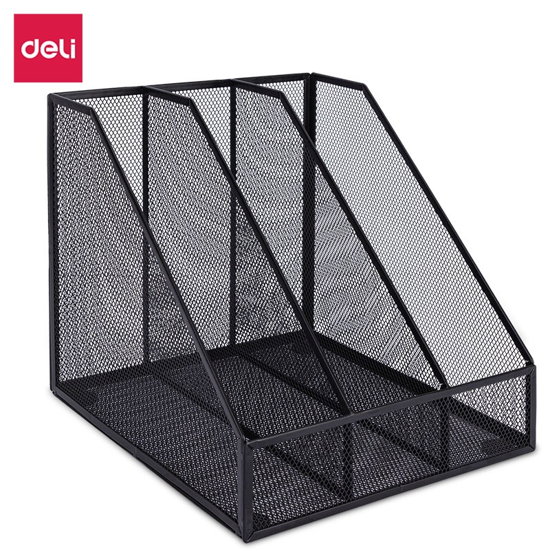 得力(deli)三联金属桌面文件框 网状镂空文件架办公用品 黑色78985