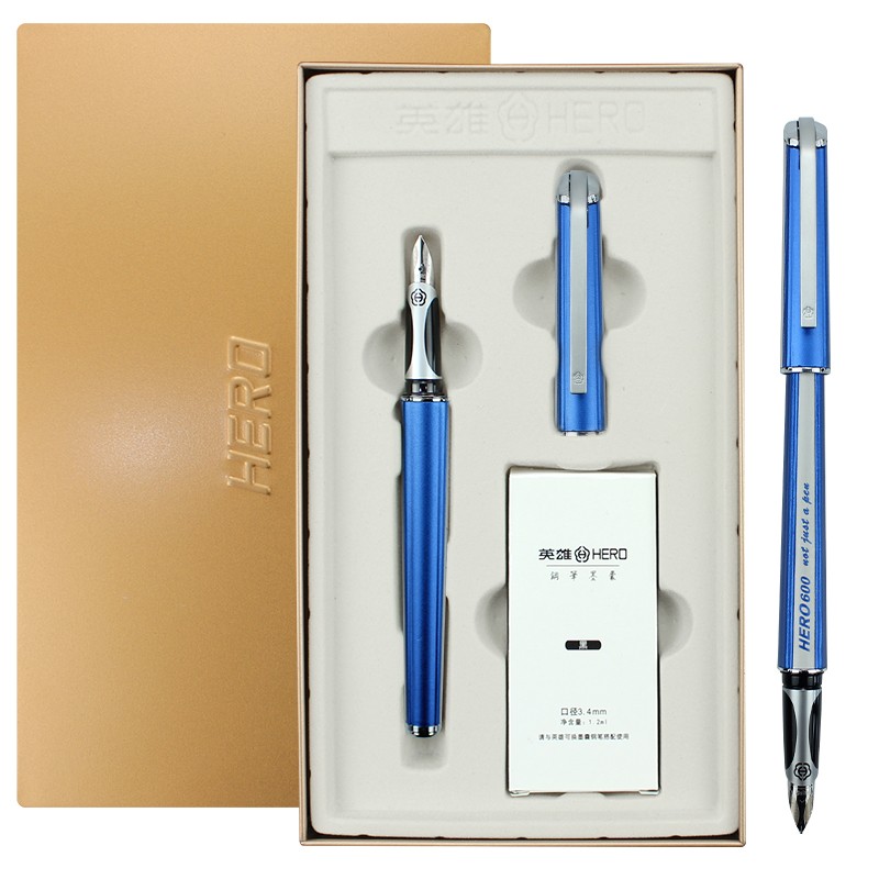 英雄（HERO）钢笔600 深蓝色墨水笔墨囊礼盒签字笔礼品套装