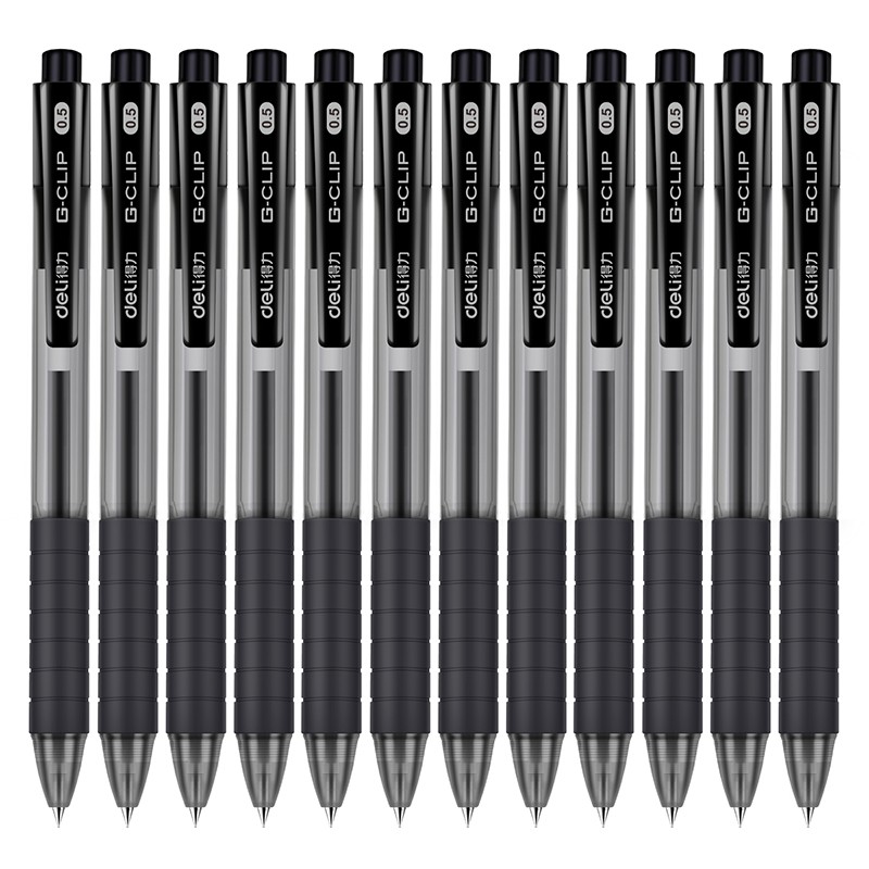 得力 中性笔按动签字笔水笔  黑色0.5mm 12支/盒 【黑色笔杆】S06