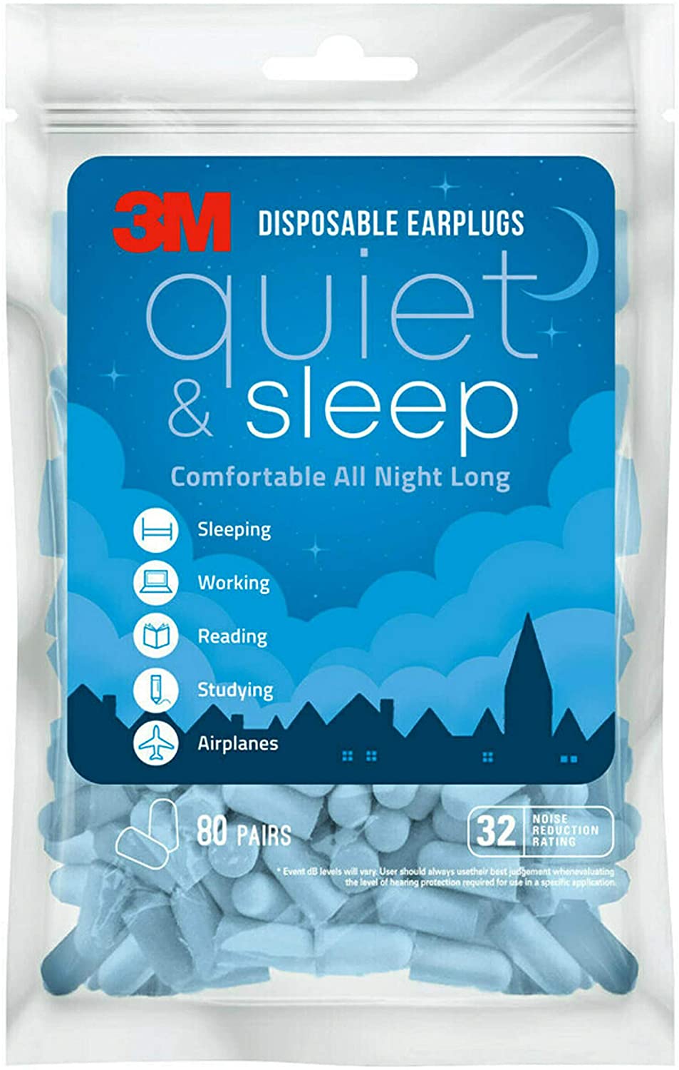 3M耳塞 安睡系列有效隔音过滤噪声污染舒适贴合 80副装