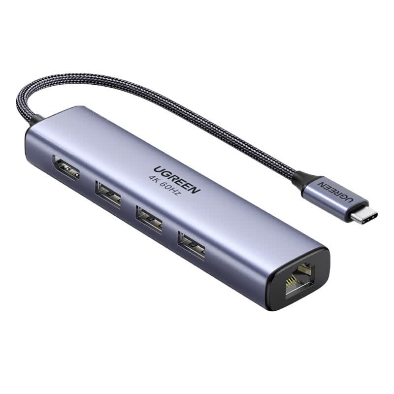 绿联CM475 Type-C扩展坞USB-C转HDMI转换器有线网卡口3.0分线器 极简款20934