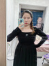 妖精的口袋方領(lǐng)修身長(cháng)袖連衣裙女2024春季新款顯瘦氣質(zhì)黑色長(cháng)裙潮 瑪瑙黑色 L 曬單實(shí)拍圖