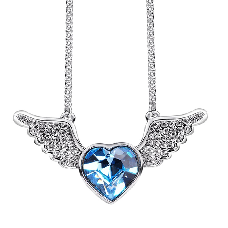 新光饰品天使的翅膀蓝色镶钻水晶项链