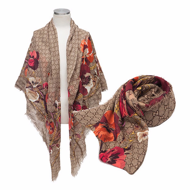 gucci古驰 奢侈品 女士围巾四季通用款丝巾方巾羊毛披肩 花卉图案多色