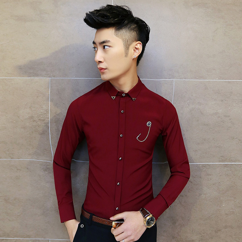liyesi 春季新款男士长袖衬衫英伦男衬衣韩版修身理 酒红色 韩版修身