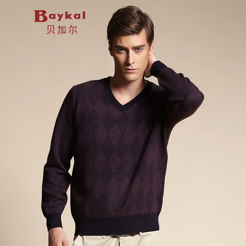 baykal/贝加尔男士羊绒衫毛衣v领商务休闲男款纯羊绒针织衫12311 琥珀