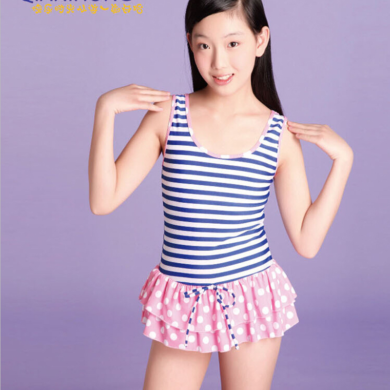 千日红 2014年新款女大童连体小孩泳衣 条纹儿童泳装