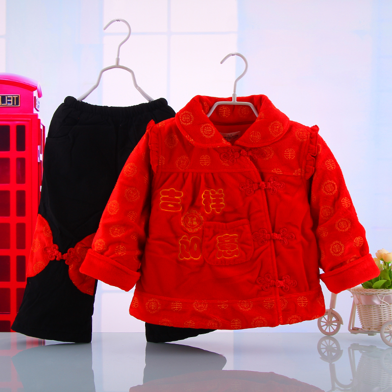 冬季新款宝宝唐装女童长袖套装 古装棉服婴幼儿纯棉套件套装 红色 100
