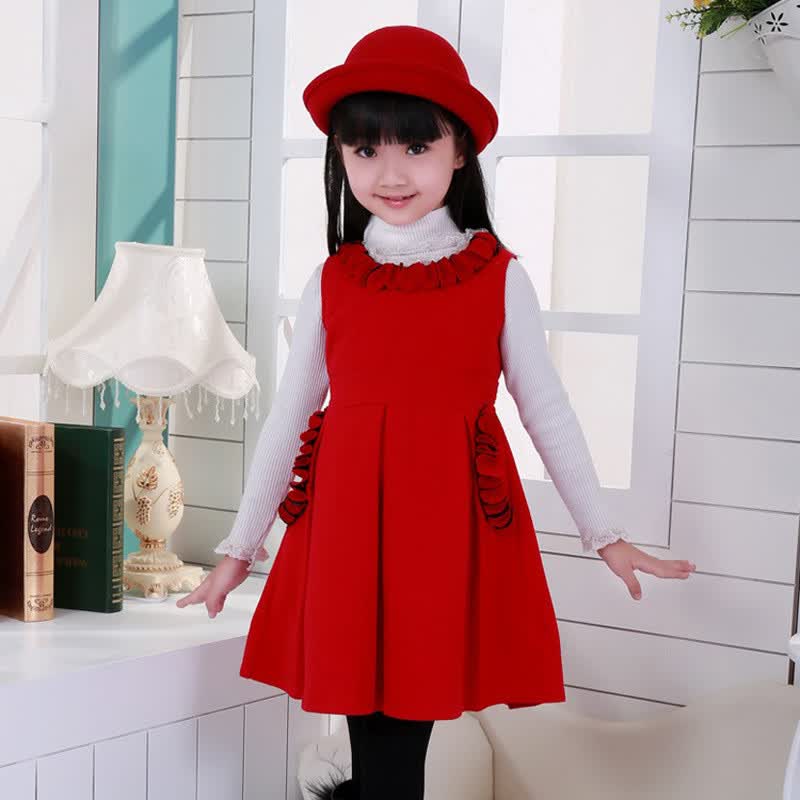 童装 女装童装2015新款韩版连衣裙花瓣呢子儿童公主裙女孩衣服 玫红色