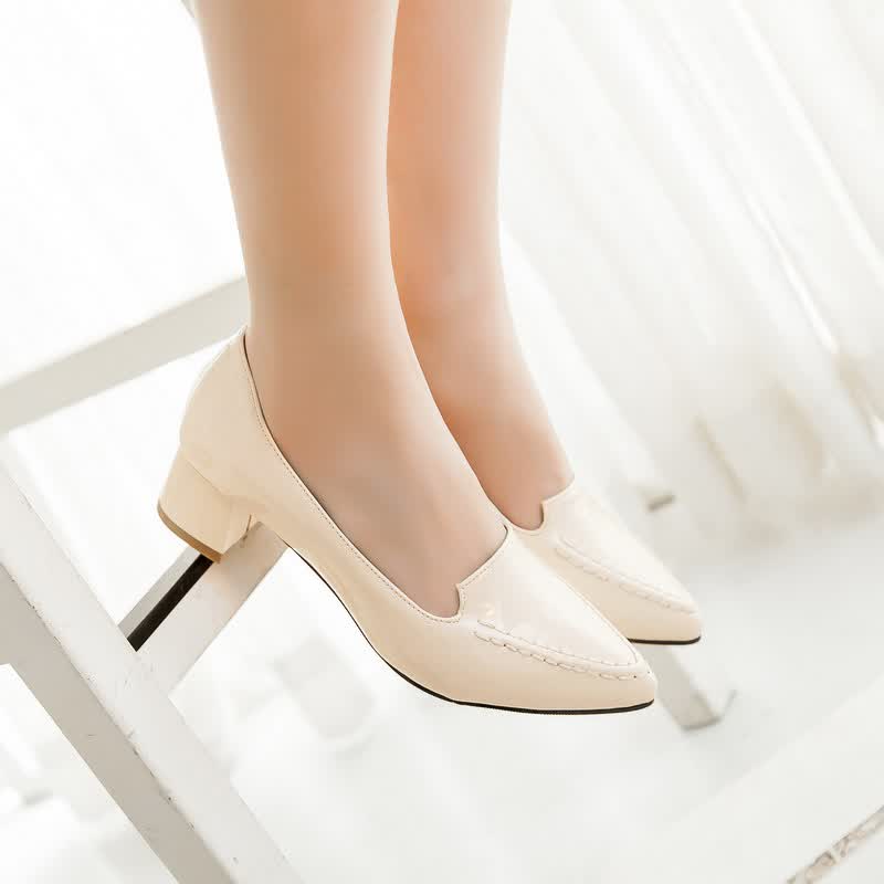 风单鞋女浅口漆皮性感尖头粗跟鞋欧美潮气质中跟鞋包邮方跟公主女鞋