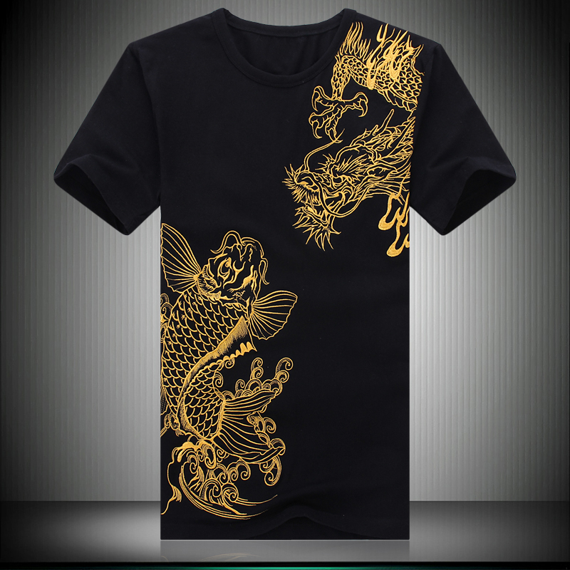 keircy2015夏装新款男士圆领中国风龙图案刺绣短袖t恤