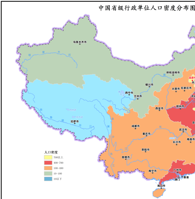 中国省级行政单位人口密度分布图