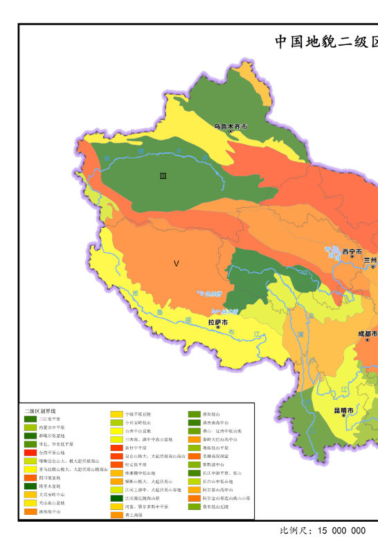 中国地貌二级区划界线分布图