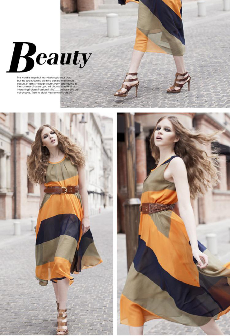 idole新风雅趣欧范律动条纹连衣裙 黄印花 s