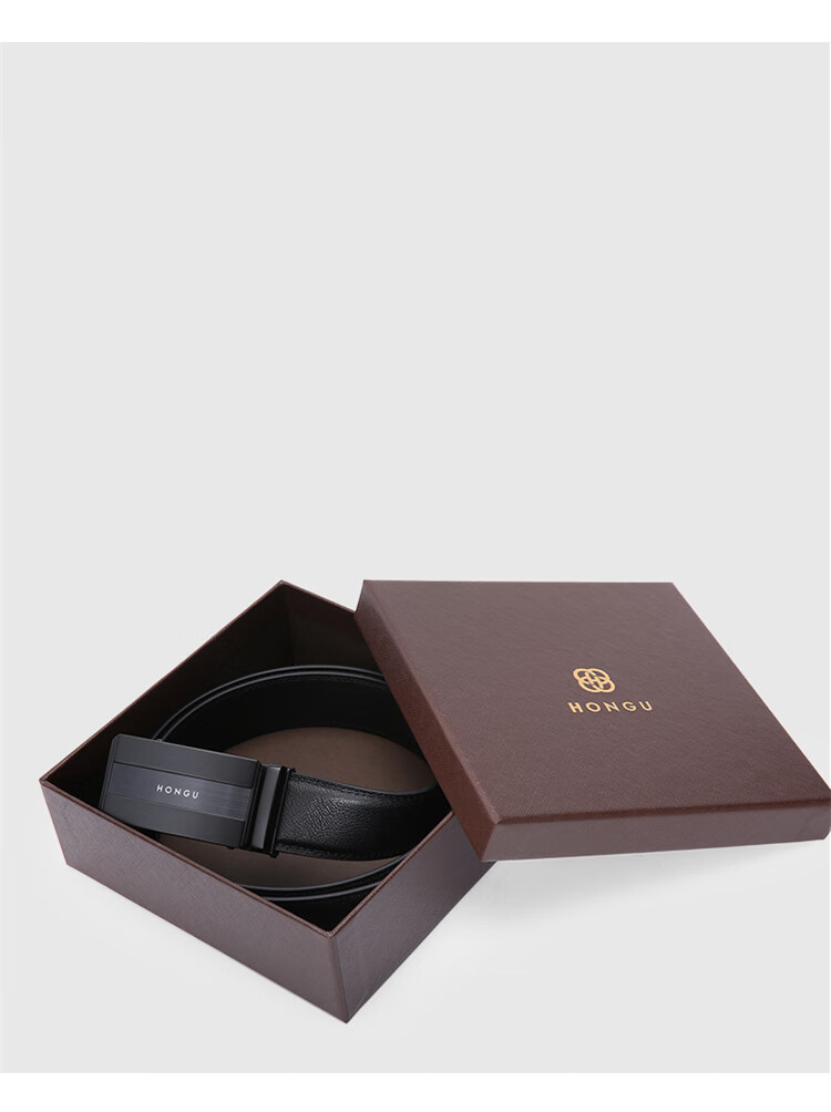 HONGU Men's Belt with Automatic Buckle, Top-Grain Leather Waistband, Gift Box Packaging, 120cm, Birthday Present 5