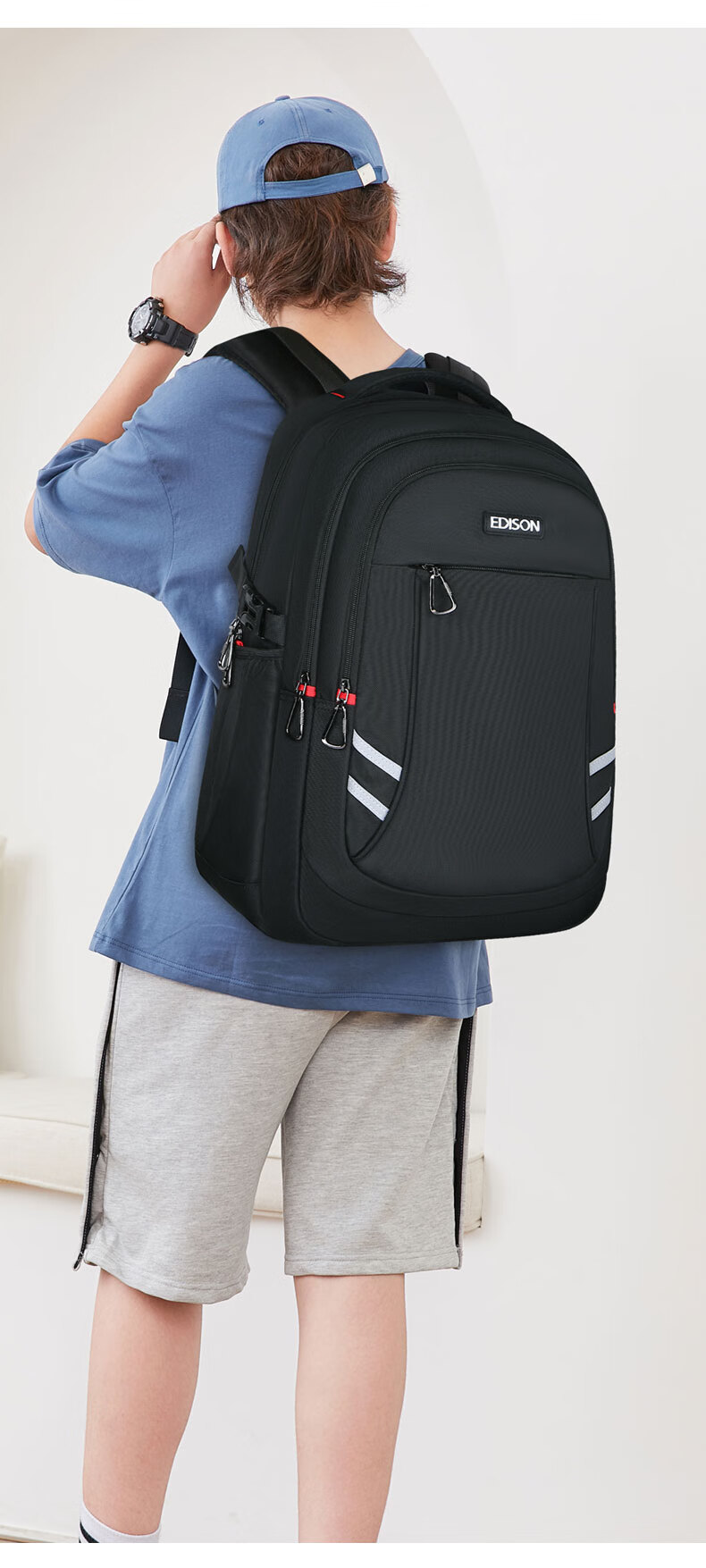 Edison High School Student Backpack with Spine Protection, Large Capacity, Water-Resistant, Reflective, Middle School Travel Backpack K056-1G Black 14