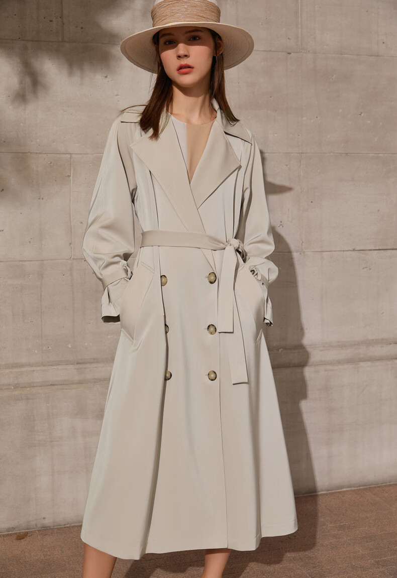 amii极简法式博主风长风衣女2021春秋新款宽松配腰带翻领外套深海蓝