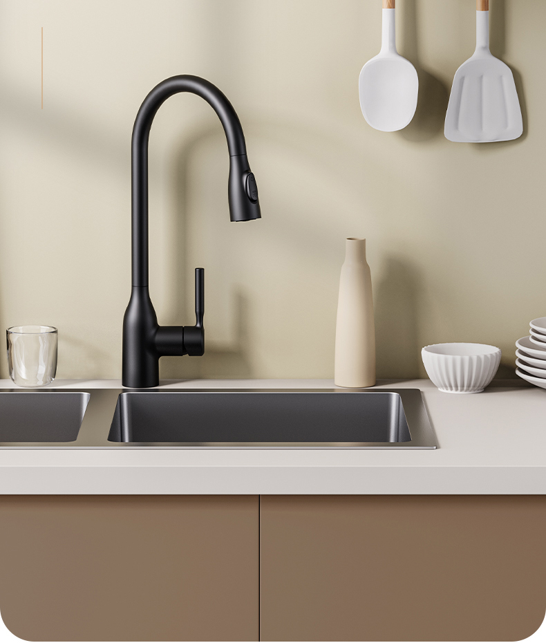 浪鲸ssww水龙头防溅冷热抽拉式龙头可旋转抽拉龙头厨房龙头幻夜黑双模