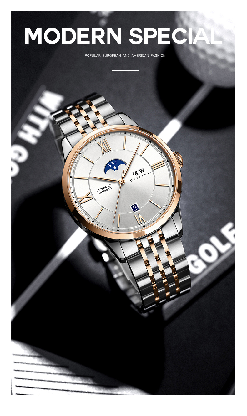 瑞士品牌爱沃驰iw男士手表皇家系列自动机械表双日历镂空防水皮带商务