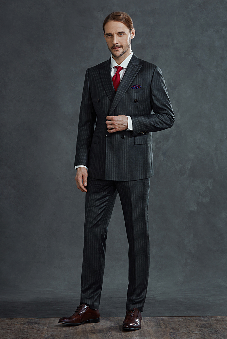 guillaume de mons纯羊毛西装男套装灰色条纹双排扣西服套装新郎结婚