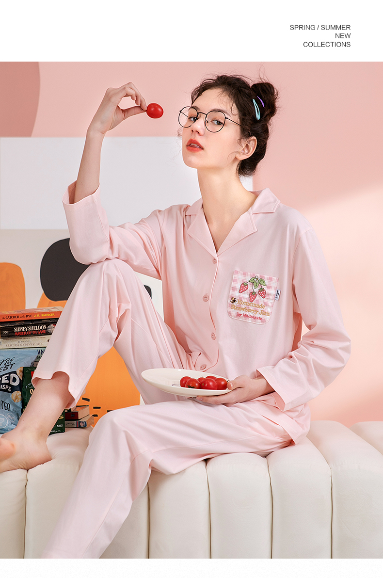 芬腾睡衣女纯棉春夏翻领开衫精致草莓刺绣贴袋女士家居服q9983712054