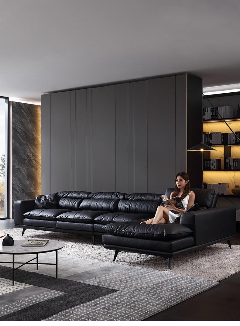 黑色皮沙发法国摔纹真皮质感双位左贵妃位70客户选择尊贵版全松木框架