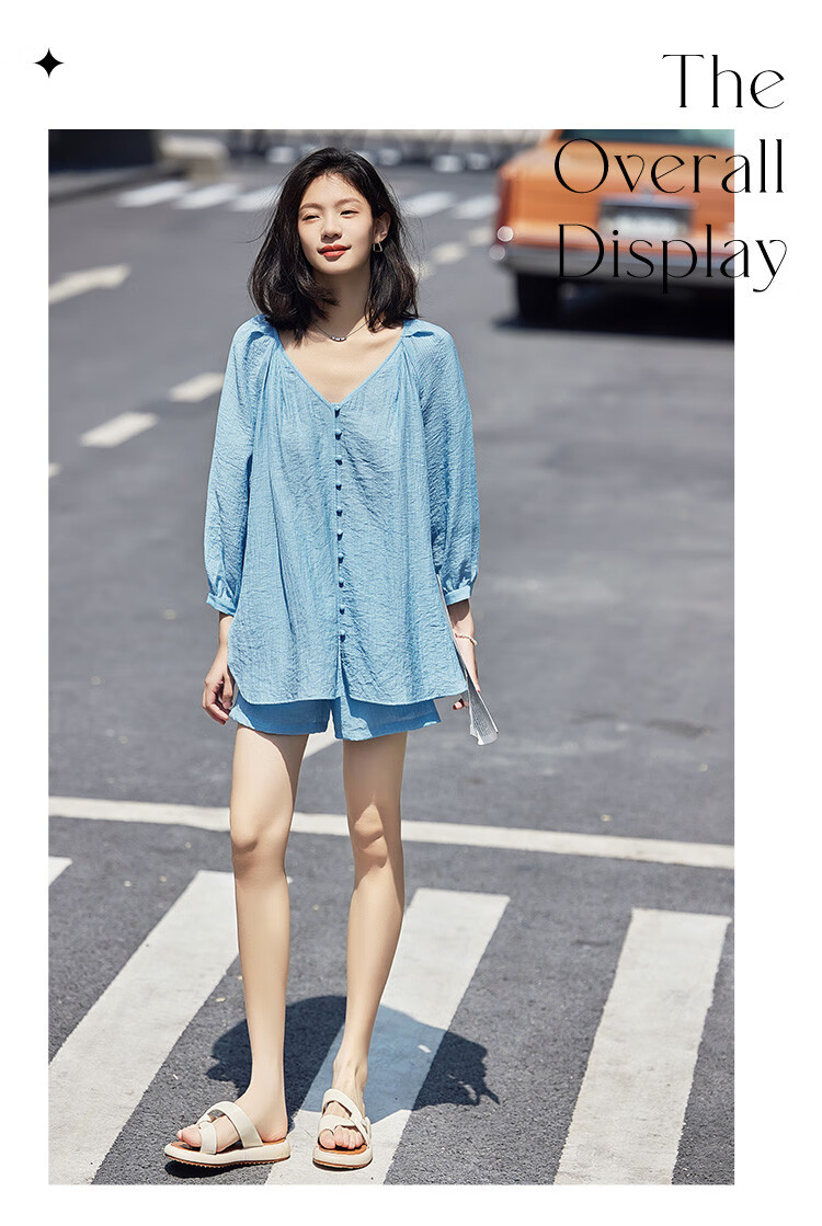 Dme [Cool Two-Piece Set], Summer V-Neck Mid-Sleeve Shirt Top And Shorts Set for Wome 6