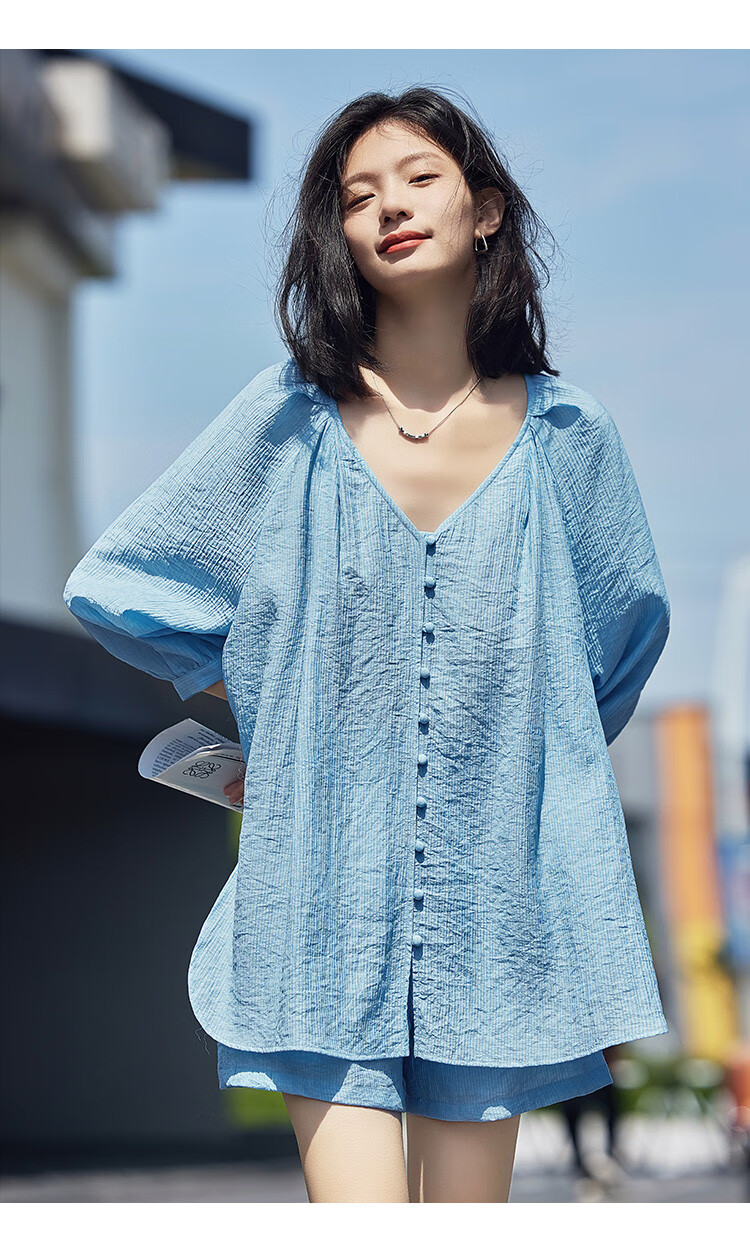 Dme [Cool Two-Piece Set], Summer V-Neck Mid-Sleeve Shirt Top And Shorts Set for Wome 7