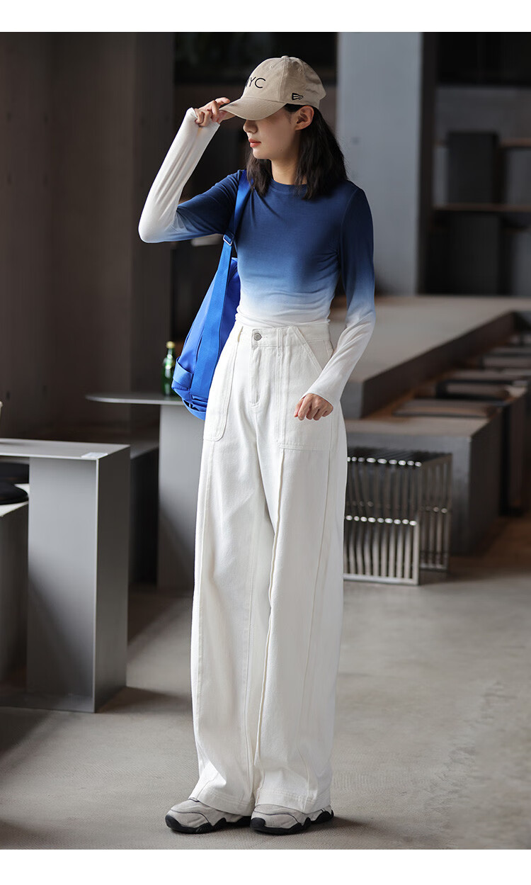 Dme Old Money Style Wide-Leg Spring Casual High-Waisted Slimming Straight-Leg Jeans for Women, Off-White, Size L 12
