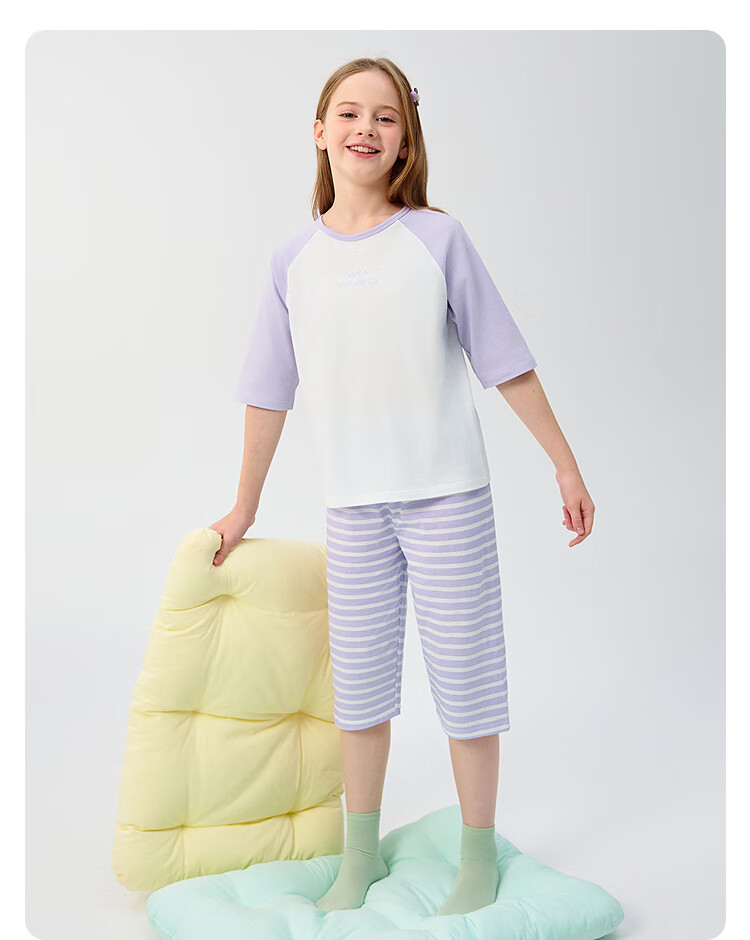 BALABALA Children's Pajama Set, Summer Air Conditioning Wear, Boys And Girls Home Wear, Big Kids Pure Cotton Baby Top And Sleep Pants 11