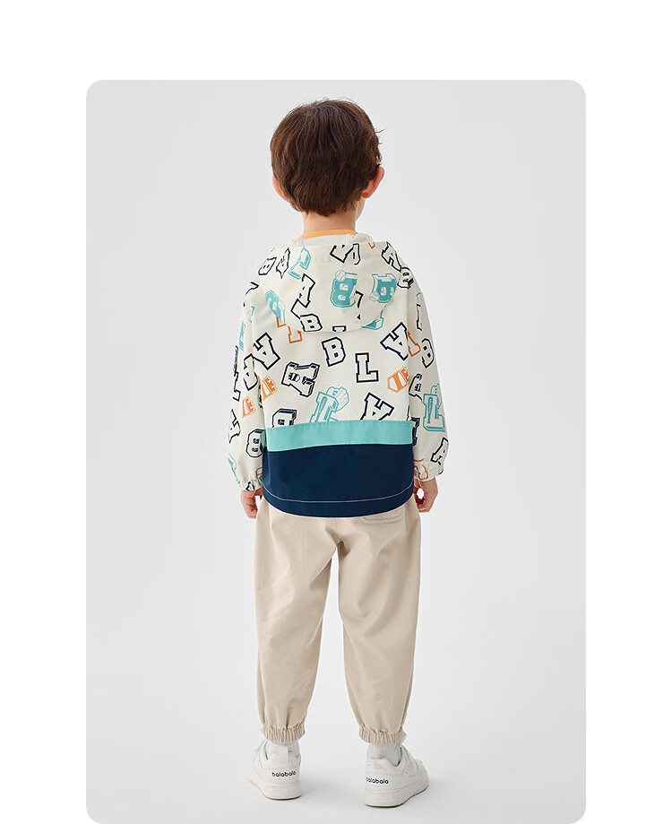 BALABALA Children's Outerwear, Boys' Spring And Autumn Jacket, Preppy Style Letter Hooded Top, Color-Block Outdoor Water-Repellent Soft Shell Coat 4