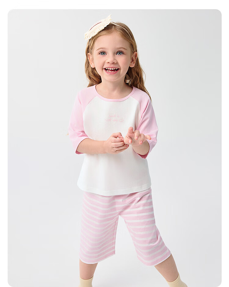 BALABALA Children's Pajama Set, Summer Air Conditioning Wear, Boys And Girls Home Wear, Big Kids Pure Cotton Baby Top And Sleep Pants 15