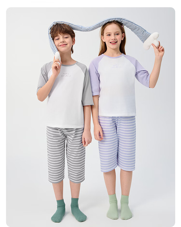 BALABALA Children's Pajama Set, Summer Air Conditioning Wear, Boys And Girls Home Wear, Big Kids Pure Cotton Baby Top And Sleep Pants 14