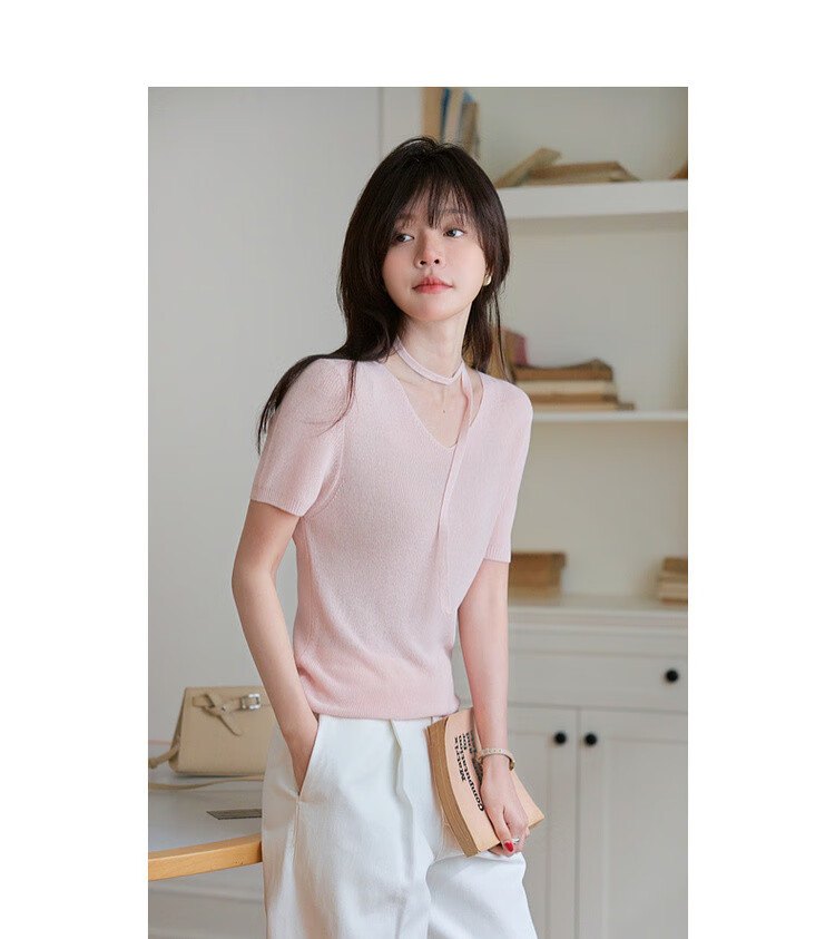 Mt [Zhi Zhi Fen Li] Summer Elegant Ribbon Round Neck Short-Sleeve Sweater, High Elasticity Comfortable Concealing Knit Top for Wome 4