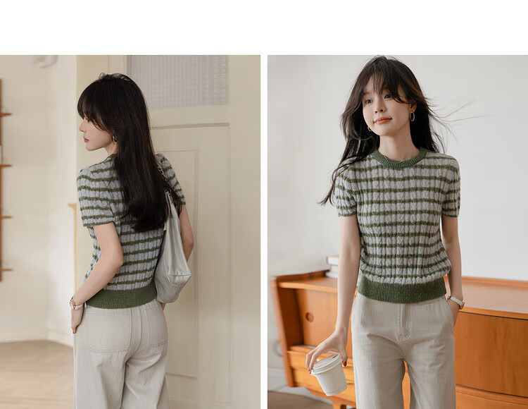 MT [Sen Ye Xian Zong] Spring Vintage Wool Blend Colorblock Striped Soft Short Sleeve Knit Top for Women 9
