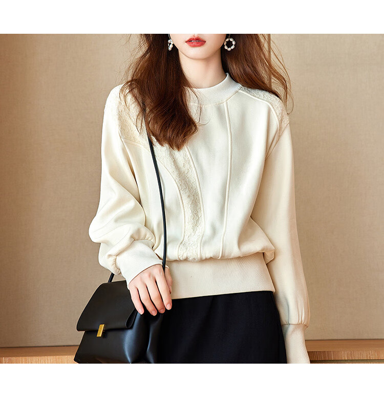 MT Lace Splice Spring Urban Casual Round Neck Pullover Long Sleeve Sweatshirt for Women 3