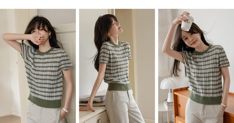 MT [Sen Ye Xian Zong] Spring Vintage Wool Blend Colorblock Striped Soft Short Sleeve Knit Top for Women 4