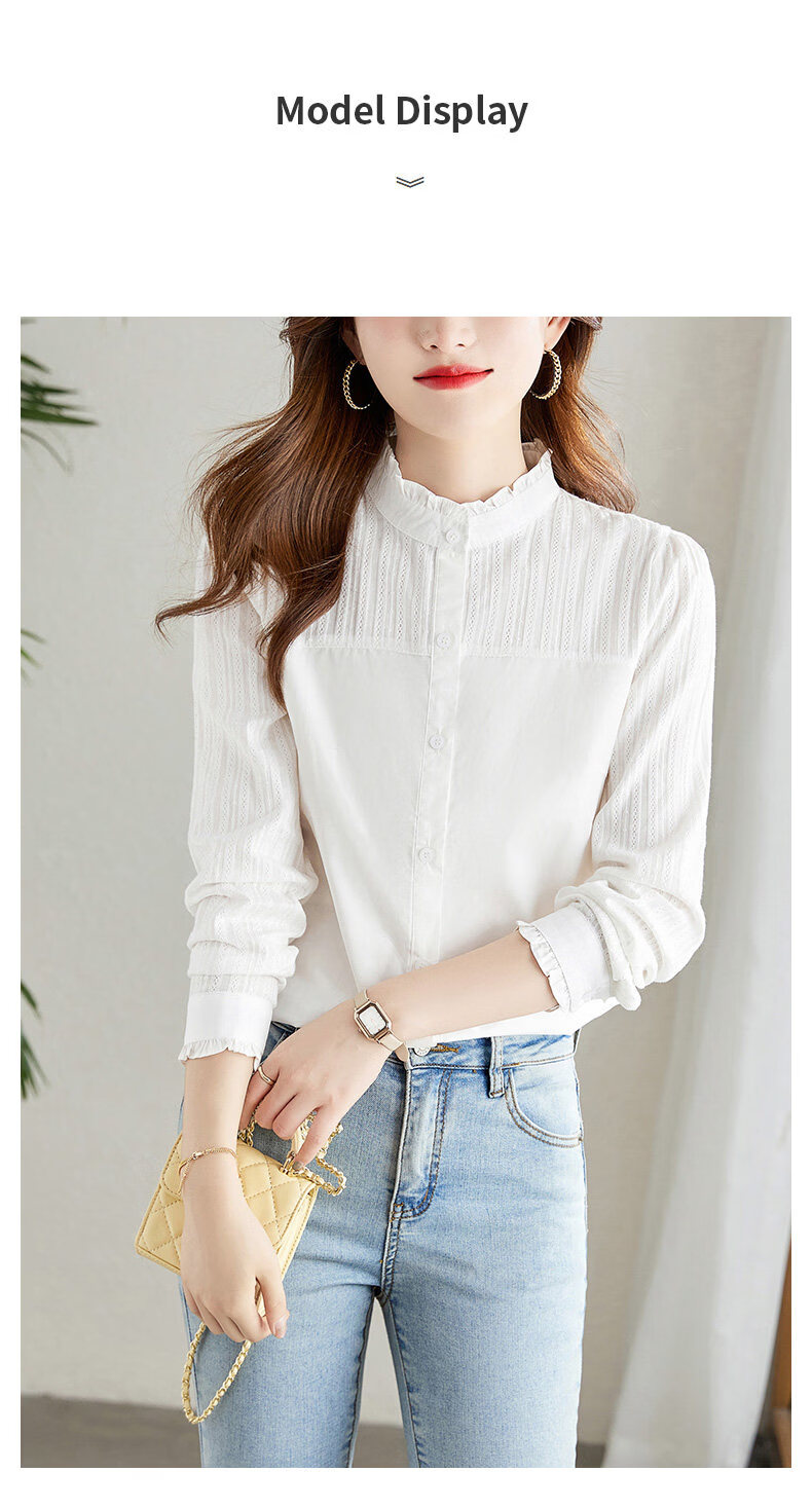 AOTUN Women's Long Sleeve Cotton Slim Fit Shirt with Wood Ear Collar KFG2237 White XL 5