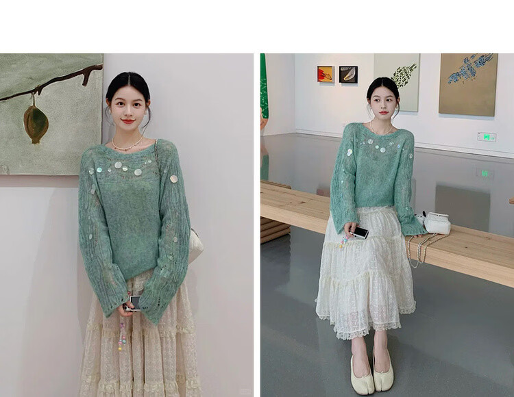 MT Spring Elegant Sequin Hollow Knit Sweater with Wool Blend for Women 10