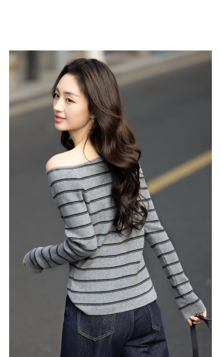 Demana Salt Series Pop Poetry Spring Retro Style Asymmetric Collar Striped Soft Stretch Slimming Concealing Knit Sweater for Women High-End Feel 9