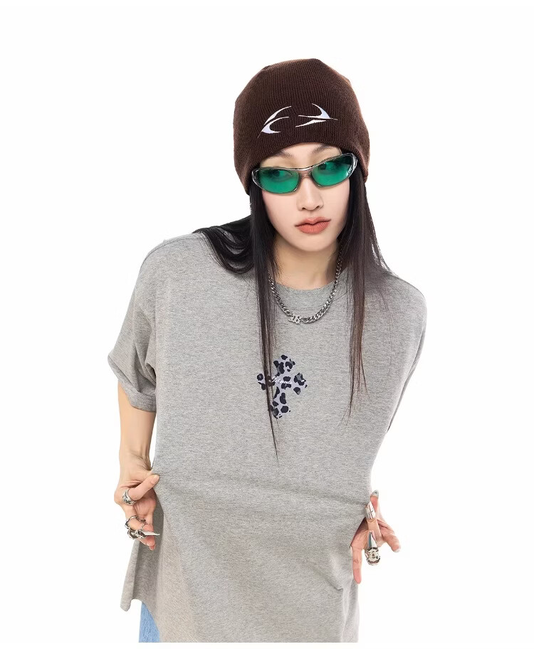 ICH MODE Leopard Print Cross Vintage Short Sleeve T-Shirt Women 2026 New Summer Round Neck Loose Sports Top Black S 24