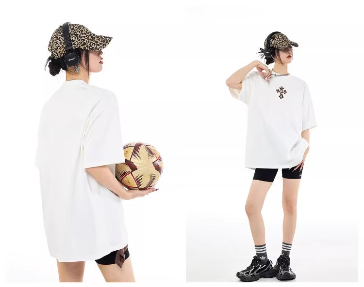 ICH MODE Leopard Print Cross Vintage Short Sleeve T-Shirt Women 2026 New Summer Round Neck Loose Sports Top Black S 13