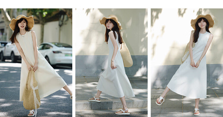 Mt "First Love White Moonlight" Summer French Luxury Textured Round Neck Sleeveless Waist-Cinched A-Line White Dress for Women 6