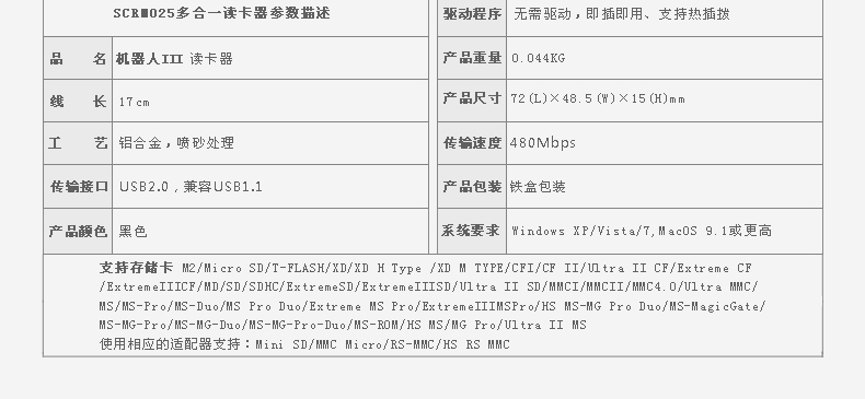 SSK飚王 SCRM025 机器人多合一功能读卡器 金属 支持SD\CF\TF等手机相机卡